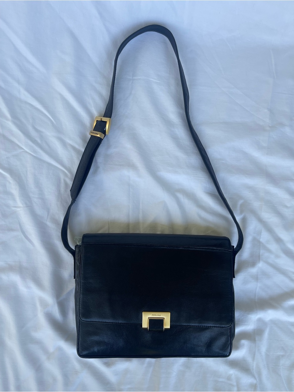 Perlina Black Leather Crossbody Bag with Gold Hardware